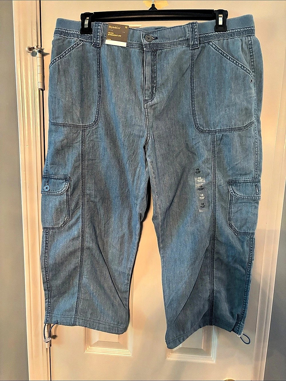 Style & Co Blue Elastic Waist Mid-Rise Straight Fit Cargo Capri Pants NWT